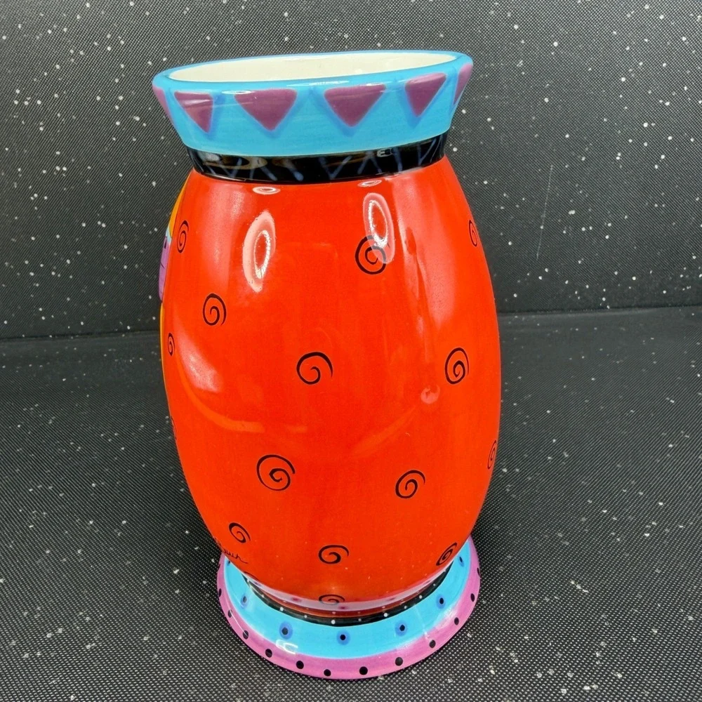 Laurel Burch for Ganz Ceramic Cat Vase Red Orange Whimsical Art BC8025 6in